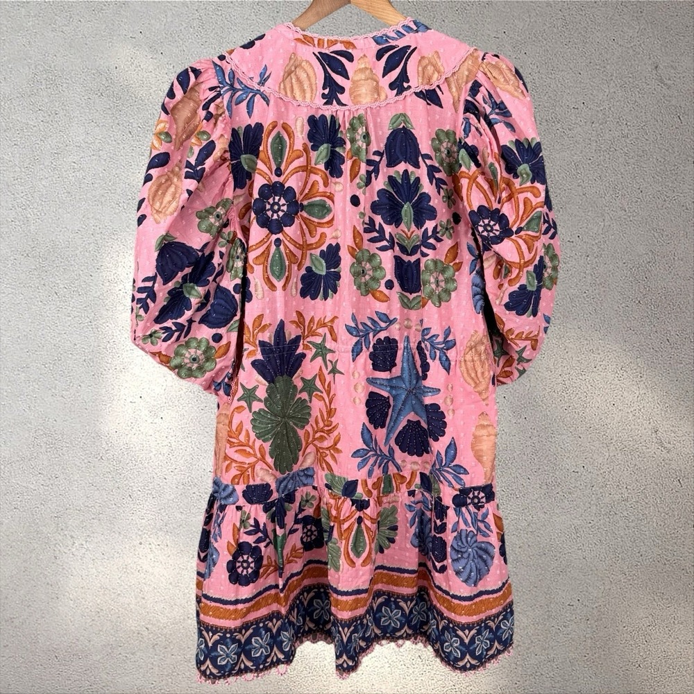 FARM RIO Seashell Tapestry Mini Dress Organic Cotton Puff Sleeves Tassel Sz L - Picture 8 of 9